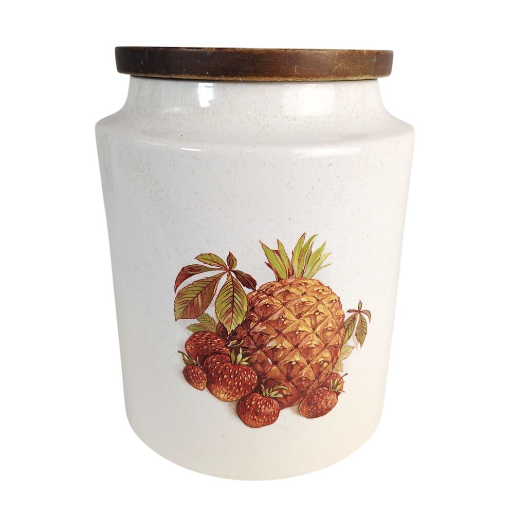 Vintage Hyalyn USA Pineapple & Strawberry Ceramic Canister Crock w/ Lid Retro